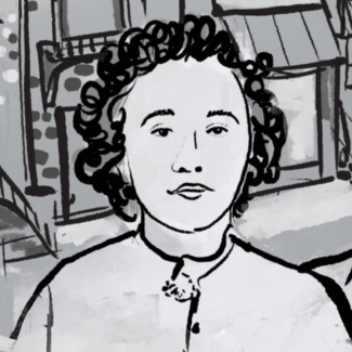 Black and white illustration of Ethel Rosenberg, line drawing with light water colors